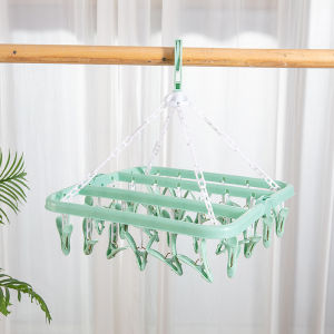 Foldable 32 Peg Windproof Clothes Hanger 32 Clip Folding Hanger Drying Underwear Panties Socks Clip Drying Rack Square Multiple Clips Multifunctional Plastic Foldable Rotatable Windproof Hanger