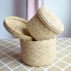Handmade Straw Woven Storage Basket With Lid Snack Organizer Storage Box Laundry Baskets Rattan Storage Flower Basket