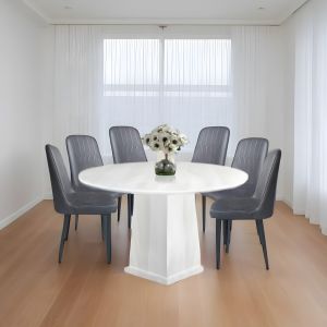 I HOME PC002 / PC003 / PC100 Round Fully Marble Dining Table Set + 6 Chairs / Metal Leg Chair