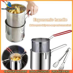Vktech Kitchen Fryer with Strainer & Food Tongs Stainless Steel Milk Warmer Pot Portable Cooking Pot for Kitchen Fried Chicken