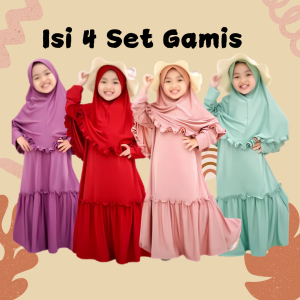 Gamis Anak Perempuan Set Hijab Ramset Semi Grosir Isi 4 Pcs Umur 7-8 Tahun Baju Muslim Gamis Anak Cewek Termurah