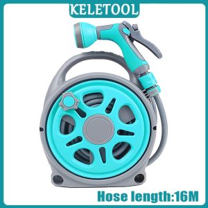 Retractable Garden Hose Reel with 6 Function Spray Gun with a lightweight portable hose holder with a handle