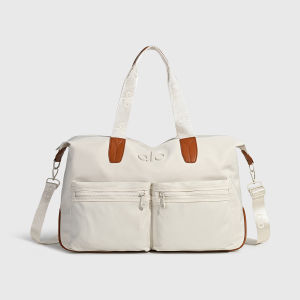 ALO Yoga Duffle Travel Bag for Women Waterproof Nylon Gym Handbag 3D Tone-On-Tone Embossed Logo Dual Front Zipper Pockets Logo Printed Wide Top Handles Detachable Matching Crossbody Strap Large Capacity Overnight Sports Shoulder Bag