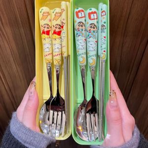 IQAngel Crayon Shin-chan Bộ bộ dao nĩa bằng thép không gỉ dễ thương với thìa nĩa và đũa cho học sinh và sử dụng thường nhật sinh