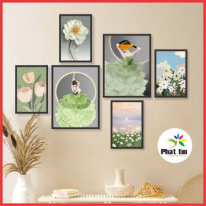 Set 6 tranh decor In Tranh cô gái hiện đại trang trí dán tường có sẵn keo dán không cần khoan đục tường.