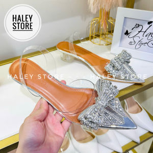 Giày cao gót bít nơ xám HALEY STORE gót 5cm bít mũi nhọn mika trong suốt đính nơ gót tam giác cô dâu tiểu thư đi tiệc