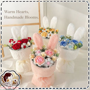 Knitted Rose Bouquet Crochet Flower Bunny Ears Handmade Cotton Gift Hiasan Meja Kereta Dekor