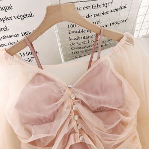 Set Áo Lụa 2 Dây + Áo Khoác Voan Mỏng Cúc Đá Cực Đẹp Hàng QC