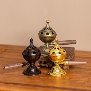 UNMEGONI Rotating Incense Burner Hollow-Out Retro Style Handheld Stove Wooden Handle Incense Holder Home Decor