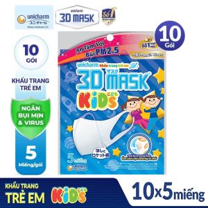 Combo 10 gói Khẩu trang dành cho bé Unicharm 3D Mask Kid ngăn được bụi mịn PM2.5 và vi khuẩn (5 miếng/gói)