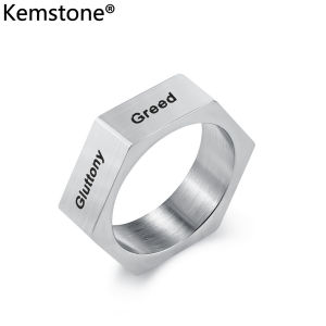 Kemstone Seven Deadly Sins and Seven Virtues Mens Stainless Steel Ring Gold Plated Rings Jewelry