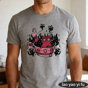 [Local Stock] HBESTY  Witchy Red Cat Cauldron Magic Potion Crystal Floral Men Summer Cotton T Shirt Gothic Cute Occult Short Sleeve Casual Top