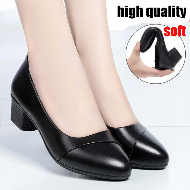 Low top black leather shoes shallow mouth single shoes middle heel  (1-3cm)PU pointed rubber thick heel women's shoes work shoes Mother shoes  Lazada