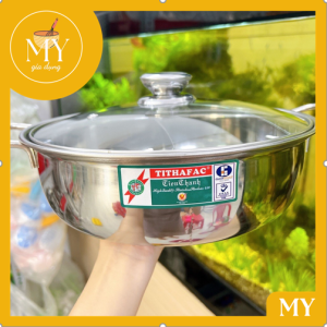 Nồi lẩu inox 2 ngăn Tithafac nắp kính nấu được bếp từ và bếp ga -Nồi lẩu inox 2 ngăn