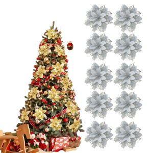INQUIRYSTORE60IN4 10pcs Christmas Artificial Flowers Tear-resistant Glitter Noel Decorations  Red Silver Gold Xmas Tree Charm Holiday Decor