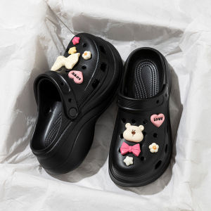 [Free Shipping] Thick-Soled High-Heeled Sandals For Women Perforated Shoes For Outdoor Wear Slip-On Beach Sandals Home Slippers WomenS Closed-Toe Slippers