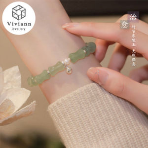 Viviann Original Vintage Bracelet Aventurine Jade Bamboo Shape 925 Silver Bell Bracelet with bell bracelet set with box green agate bracelet For Women Charm Bracelets & Bangles Jade beads Jewelry