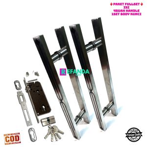 paket fullset 4buah gagang handle tarikkan pintu rumah model baut tembus pilihan panjang 33cm 45cm dan 60cm dan 1set lock body kunci untuk pintu depan daun pintu 2 model kupu tarung