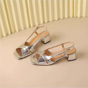 Summer Womens Soft Leather Retro Square Open-Toe Sandals Straight Strap Button Solid Color Middle Block Heel Non-Slip Female Shoes