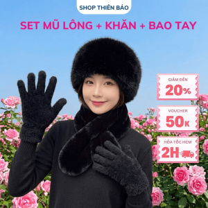 Bộ 3 Giữ Ấm Mùa Đông Phong Cách Hàn Quốc - Mũ lông tiểu thư kèm khăn lông thỏ và găng tay chụp ảnh sống ảo