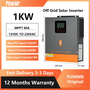 PowMr 1KW Biến tần năng lượng mặt trời lai Off-Grid Tích hợp bộ điều khiển sạc năng lượng mặt trời 80A MPPT & Biến tần sóng sin tinh khiết 12V Biến tần năng lượng mặt trời tất cả trong một