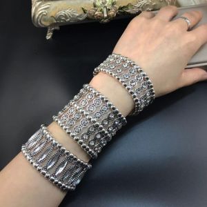 LUMIYA Geometric Rhinestone Bracelets Elastic Double Row Cuff Bracelet Trendy Super Sparkling Wide Bangle For Women