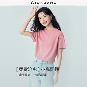 GIORDANO Women T-Shirts 100% Cotton Mockneck Simple Basic Tee Summer Short Sleeve Multi-Color Loose Casual Relaxed Tee 05322396