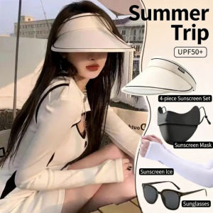 UPF 50 Sun Protection 4pcs Set for Women - UV Breathable Sun Hat Sunglasses Ice Sleeve Face Cover for Summer Outdoor Cycling