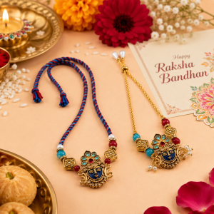 Handcrafted Krishna Face Rakhi & Lumba Set with Multicolor Beads Designer Bhai Bhabhi Rakhi Pair Raksha Bandhan Gift for Family (Pack of 2 Pcs)