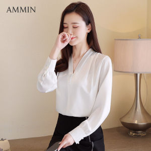 AMMIN Korea Loose V-neck Long Sleeve Chiffon Shirt For Women Thin Solid Color Fashion Top Lady Beautiful Blouse