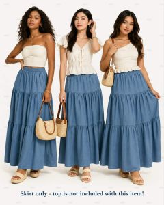pE 2026 summer new womens a-line skirt | elastic waist design | faux denim patchwork tiered skirt