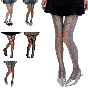 Women Elastic Nylon Tights Colorful Fishnet Leggings with Hollowout Bows Accents Sheer Mesh Pantyhose For Party Costumes
