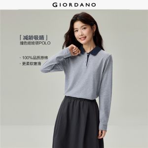 Giordano Beau Monde Women Contrast doll collar long sleeve polo shirt Free Shipping 13316608