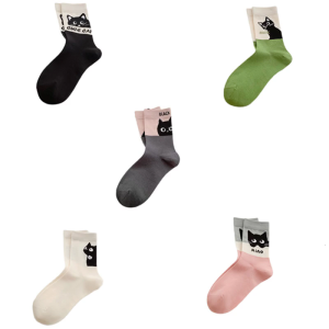 Kiểu Color Block cotton tất kiểu vận động viên với phim hoạt hình in hình mèo cho phụ nữ thanh thiếu niên Hàn Quốc học sinh phong cách học đường tất ống dài trung bình Hàng dệt kim