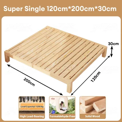 Gold Solid Wood Bed Frame Without Headboard Single/Queen/King Size (120/150/180cm) Katil Kayu Platform Bed with Storage Drawer Katil Kayu 实木床 床架双人床