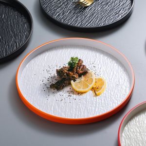 BLESSFUL Round Western Food Plate Stone Grain Melamine Steak Plate Durable Heat-resistant Dumpling Plate Breakfast