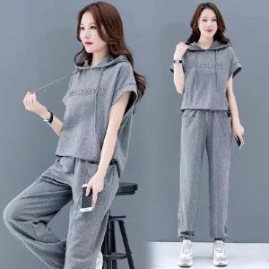 AE plus Size Womens Clothing 2026 Plus-size girls new summer loose-fitting slimming casual sports outfit fashionable hooded two-piece set