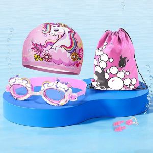 Kids Swim Goggles Set Cartoon Anti Fog Leakproof Adjustable Strap Silicone Seal With Swim Cap 5pcs Pool Training