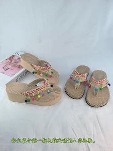 【Free Shipping】2026 New Bohemian Style Womens Thick-Soled Wedge Heel Height-Increasing Sandals with Colorful Pom-Poms Ethnic Style Slippers