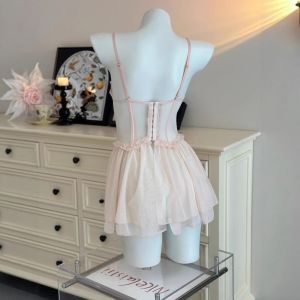 SEEMAY with Under-wired Suspender Nightdress Sling Slim See Through Sleep Dress Sweet Thin Lace Bow Dress Female