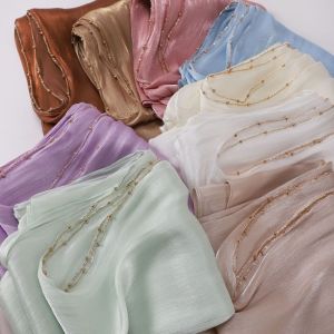 PLLEWY Unilateral golden chain Silk Scarf Solid Color Shining Sunscreen shawl High Qulaity Soft Ramadan Long Scarf Outdoor
