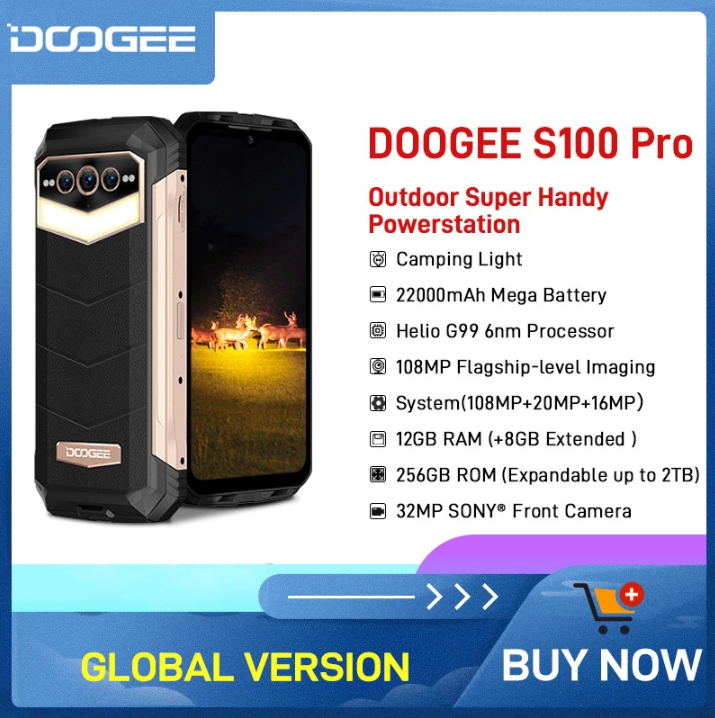 DOOGEE S100 Pro Rugged Phone 6.58 Display Cellphone 12GB+256GB Helio G99  6nm 108MP Main Camera 22000mAh Camping Light Smartphone