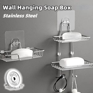 Stainless Steel Wall Hanging Soap Box Layer Rack with Hooks No Drilling Self Adhesive Sponge Dish