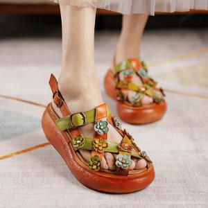 Mùa hè mới cổ điển Muffin rỗng dày đế của phụ nữ Xăng đan đế xuồng dân tộc phong cách da Dép xăng đan thủ công
