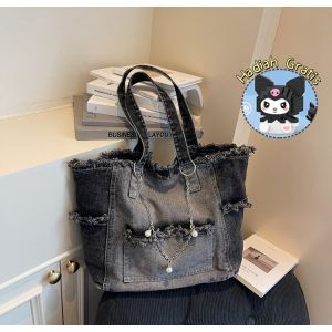 【Hadiah Gratis】Tas Kanvas Denim Vintage Korean Tote Bag Wanita Berkapasitas Besar Kasual Komuter Untuk Bekerja Bersekolah
