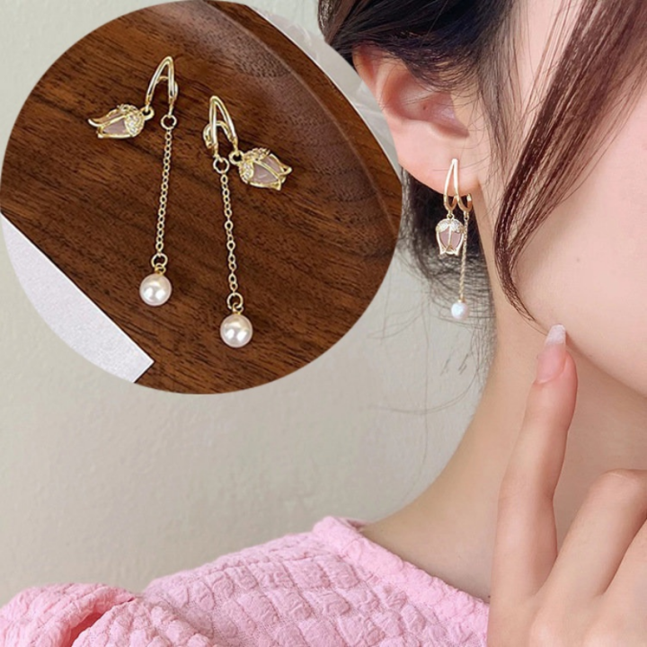 Pink Tulip Pearl Tassel Earrings Summer Long Zircon Earrings