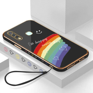 UCUC เคสโทรศัพท์เคสสำหรับ Vivo Y12S Vivo Y12A Vivo Y19 Vivoy12s Vivoy12a เคสมือถือ เคสโทรศัพท์ เคสสาวฟรี Lanyard + รอยยิ้มสายรุ้ง Lover Heart Square รูปแบบขอบชุบโทรศัพท์เปลือกหอยนุ่ม