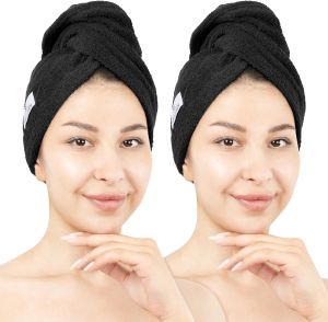 American Soft Linen 100% Cotton Hair Towels for Women Head Towel Cap Cotton Hair Turban Towel Wrap for Long Curly Anti Frizz Hair Soft and Absorbent Cotton Hair Towels 2 Pack Beige