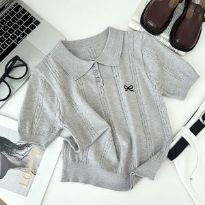 ZANZEN Womens Knitted Button Short Sleeve Top Bow Casual Solid Color T-Shirt