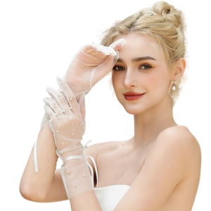 ถุงมือสั้นไข่มุกถุงมือสวยหรูแบบเต็มนิ้วสำหรับคอนเสิร์ตพรอมส์สร้อยข้อมือแฟชั่นตอนเย็น